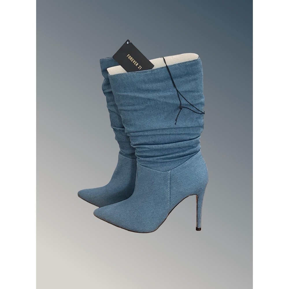 Forever 21 Womens Denim Slouch Mid Calf Boots Pointed Toe Stiletto Blue Sz 8